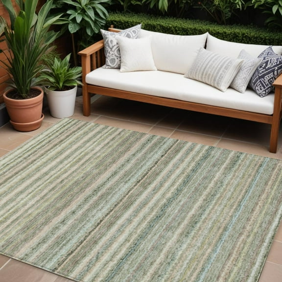 HomeRoots 577804 10 x 14 ft. Striped Washable Indoor & Outdoor Rectangle Area Rug, Sage, Mint Green & Beige