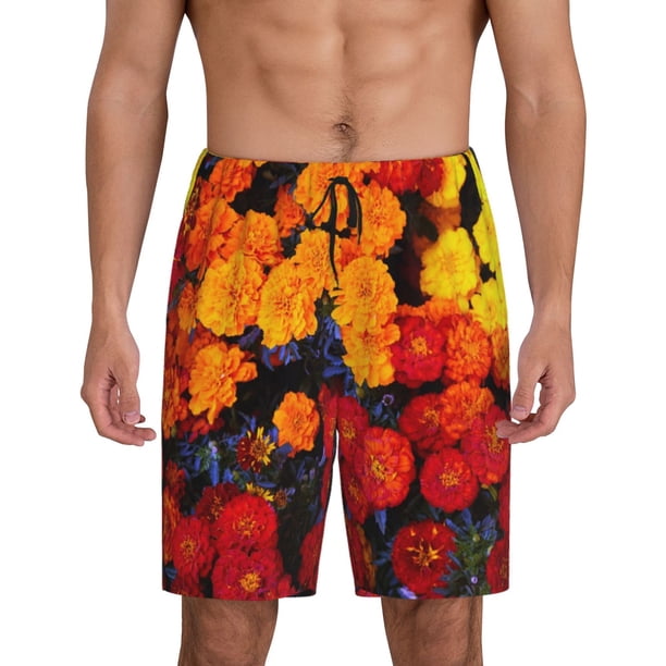 Balery Marigold Flowers In Different Colors Pantalones cortos de pijama de punto de algodón para hombre con cinturilla y bolsillos-Large