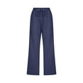 thumbnail image 4 of QATAINLAV Sweatpants for Women Cotton Linen Straight Leg Capri Pants Solid Casual Drawstring Cropped Trousers Loose Fit Wide Leg Pants with Pockets Todays Deals Navy M, 4 of 6