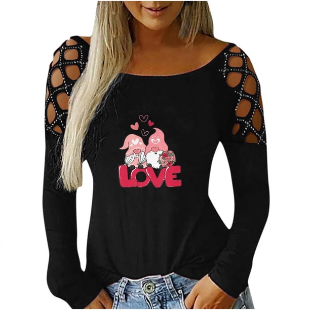 Blusa de manga larga con estampado de día de San Valentín y hombros descubiertos para mujer Fridja hkj1162