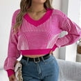 thumbnail image 6 of Sevevn Sweaters for Women Women's Fashion New Winter Casual V-Neck Striped Lantern Sleeve Pullover Navel-Exposed Sweater Christmas Gift, 6 of 7