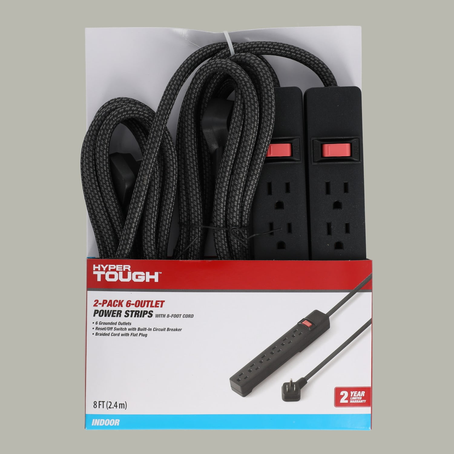 Hyper Tough 6-Outlet Indoor Power Strip, 8 ft Braided Extension Cord, ETL Certified, Black, 2-Pack