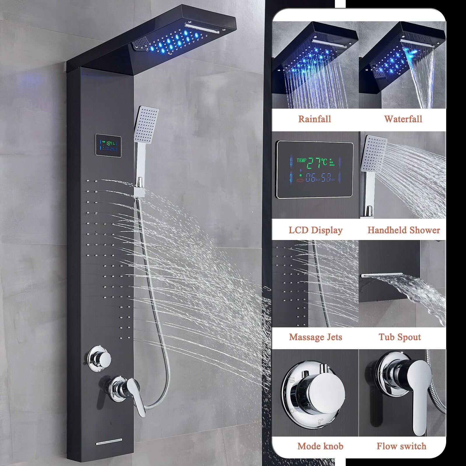 Black LED Shower Panel Tower System Rain&Waterfall Massage Jets Stainless Steel