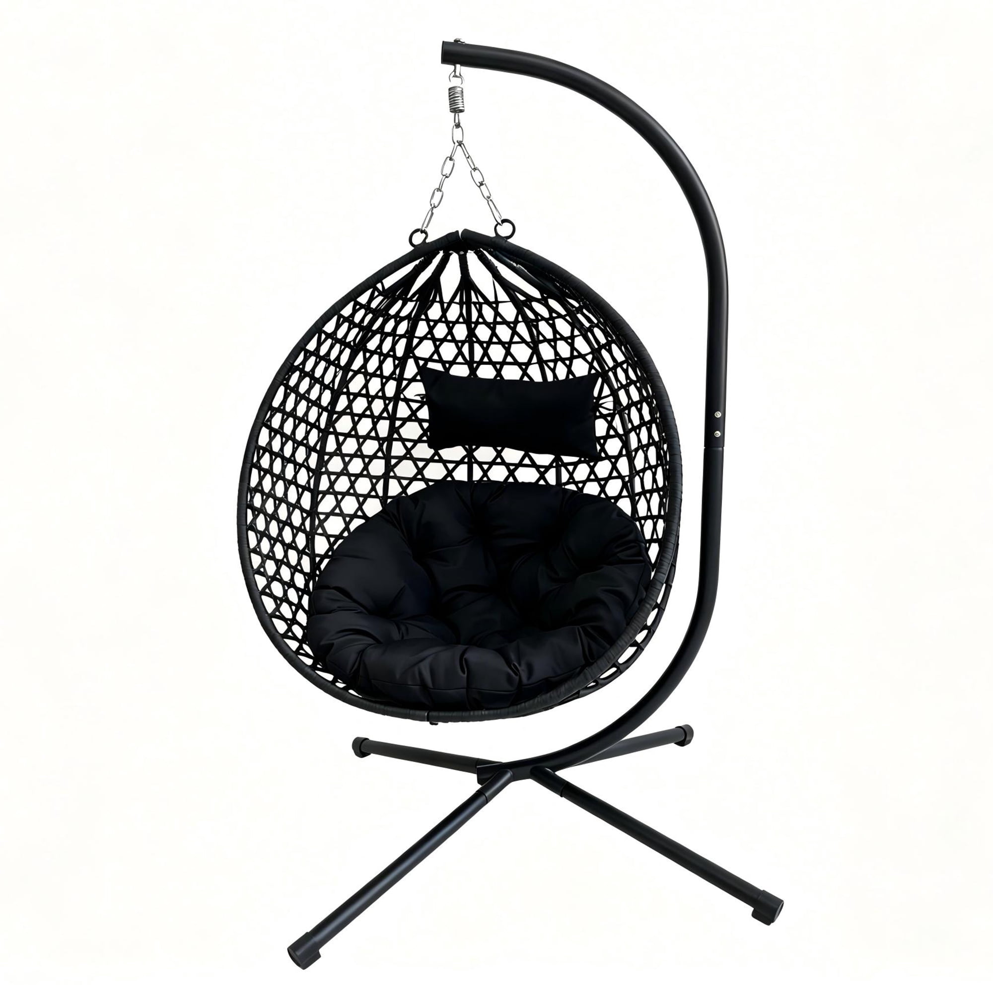 Foldable Hanging Egg Chair with Stand, HDPE Rattan Wicker Swing Chair with Cushion, Heavy Duty Frame 350 Lbs Capacity, Outdoor Patio Indoor Bedroom Balcony