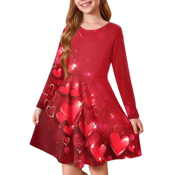 Abcomgle Valentines Dress for Kids Girls Cute Love Heart T Shirt Dresses for Girls Cute A-Line Long Sleeve Dress Outfits Crewneck Spring Swing Dress Clothes for Girls,