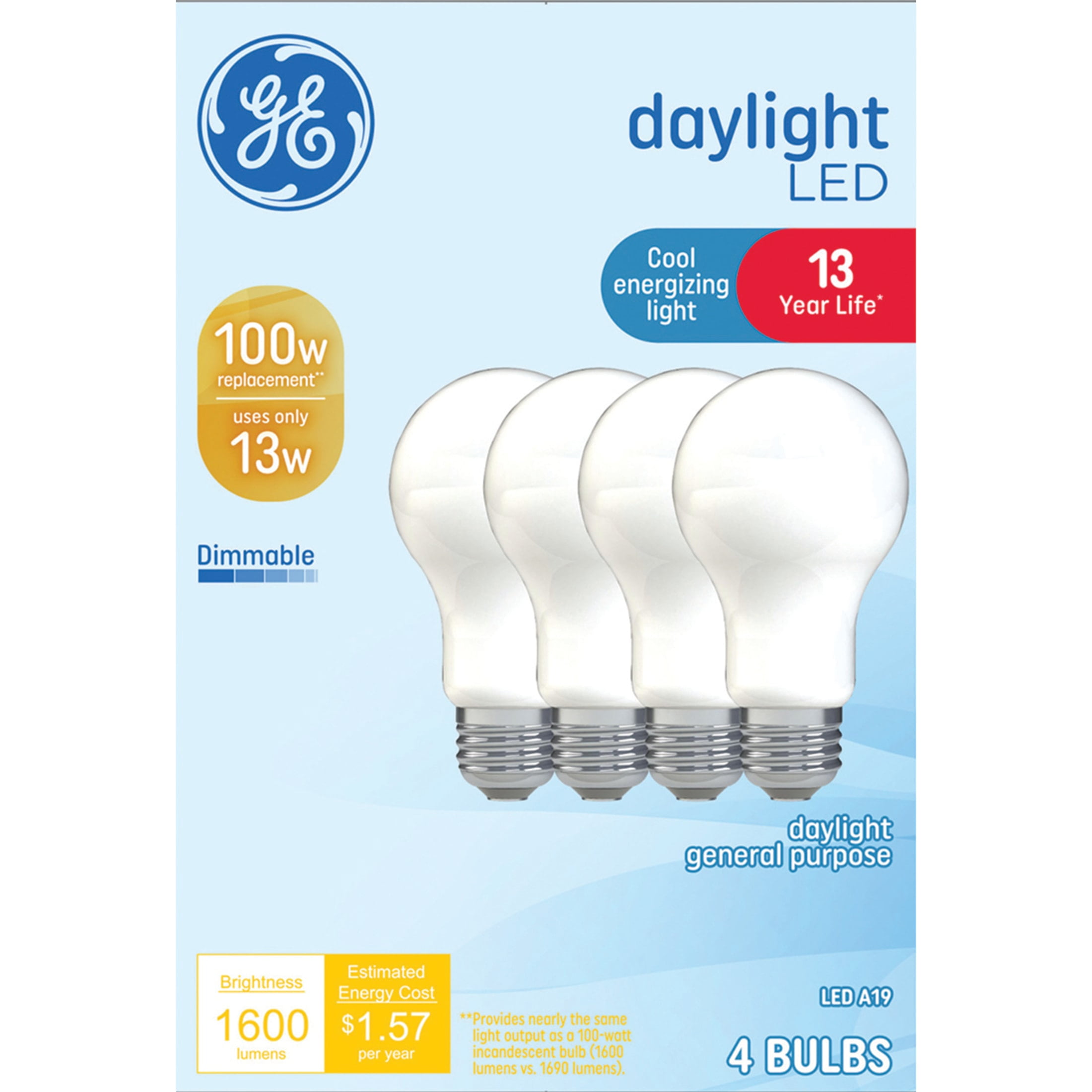 (2 pack) GE LED Light Bulbs, 100 Watt, Daylight, A19 Bulbs, Medium Base, Frosted Finish, 13yr, 4pk