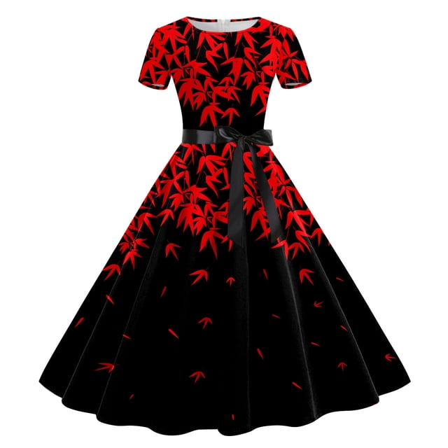 WILLBEST Robe de Soirée Femme Imprimée Col Rond Manches Courtes Années 1950 Soirée Bal