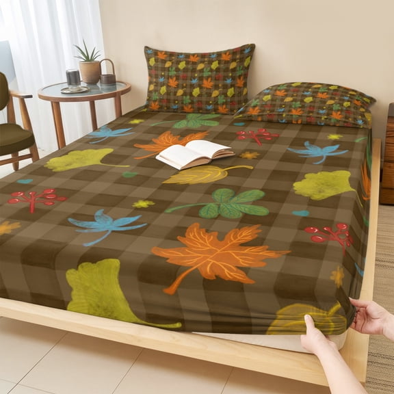 Queen Size Fitted Sheet Set - Thanksgiving Fall 3 Piece Bedding Sets 16" Deep Pocket Fitted Sheet with 2 Pillowcases, Maple Leaf Botanical Autumn Brown Plaid Brushed Microfiber Hotel Bed Sheets