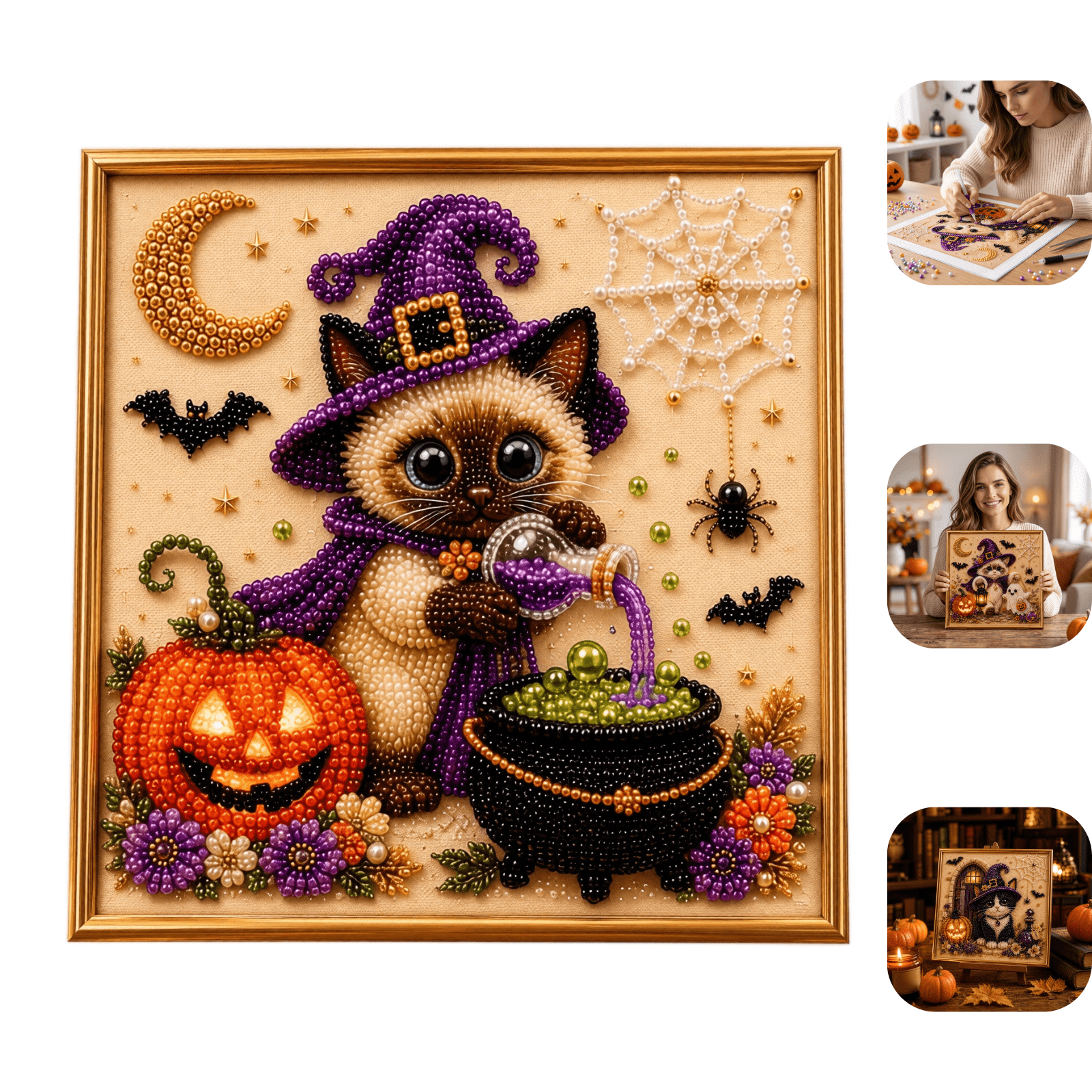 Halloween Pearl Art DIY Kit Multiple Styles Kitten Witch Beaded Diamond Painting Craft Kit Complete Art Supplies with Display Easel DIY Ornament for Halloween Tabletop Decor & Cat Lovers Gift E
