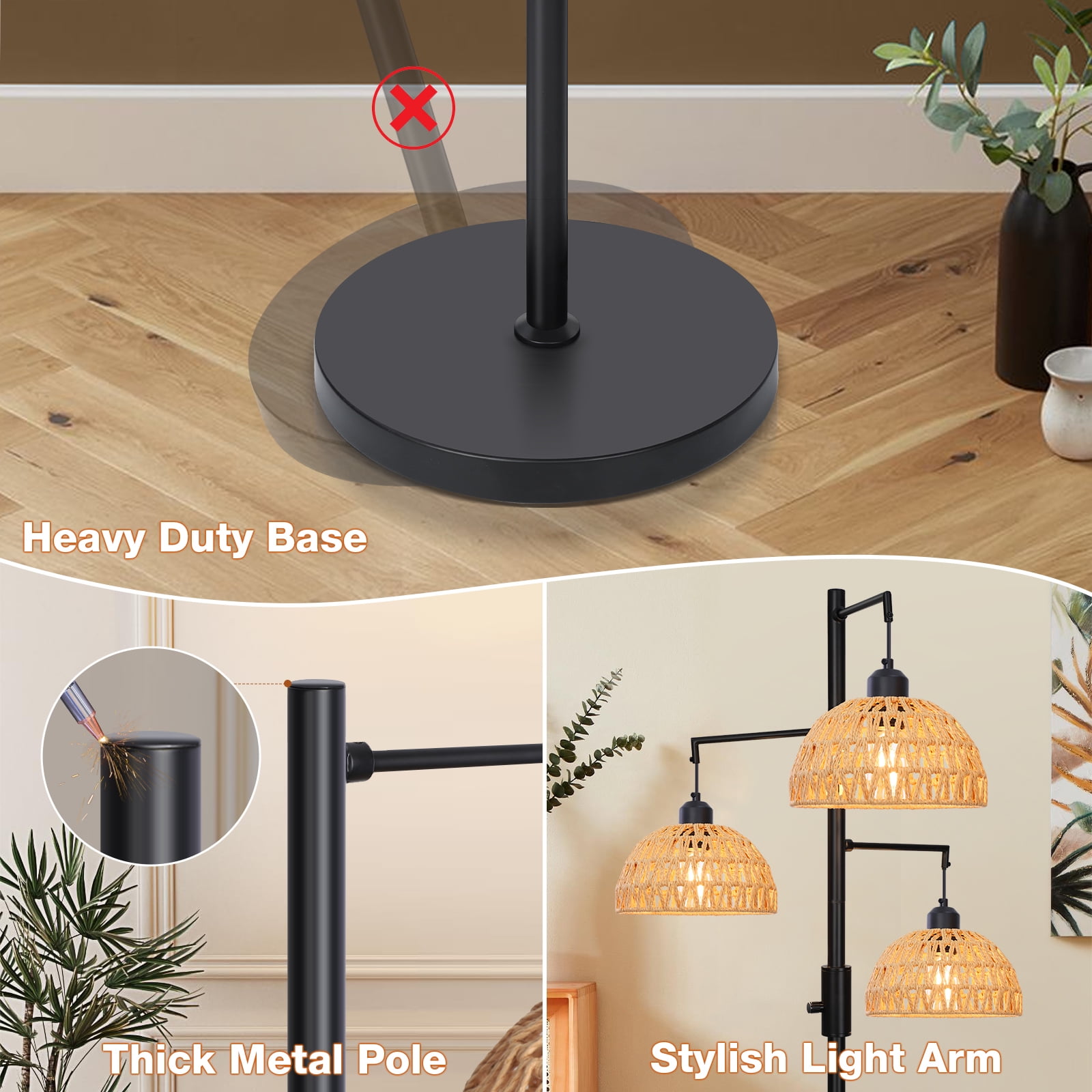 SERBASIC Tree Floor Lamp with 3 LED Bulbs, Boho Rattan Floor Lamp for Living Room and Bedroom, 72" Tall Standing Lamp with Stable Heavy Base, Industrial Farmhouse Decor