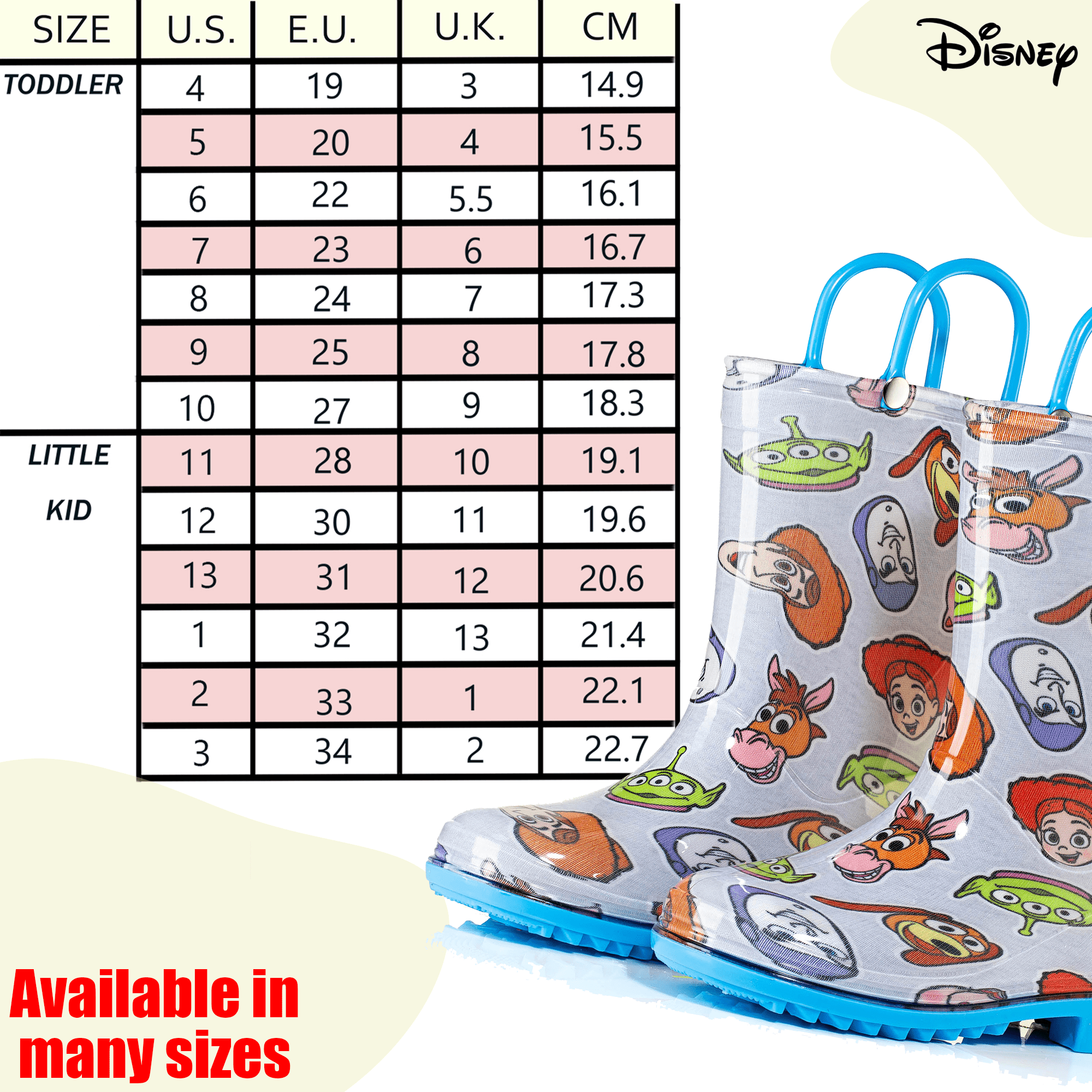 Disney Rain Boots Waterproof Cartoon, Lightweight PVC White, Size 8 Toddler