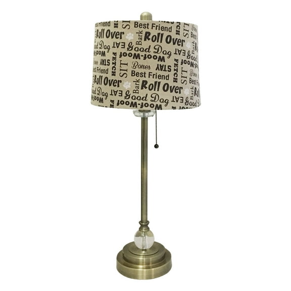 Royal Designs 28" Crystal and Antique Brass Lamp with Cream and Brown Dog Lover Print Drum Hardback Lamp Shade