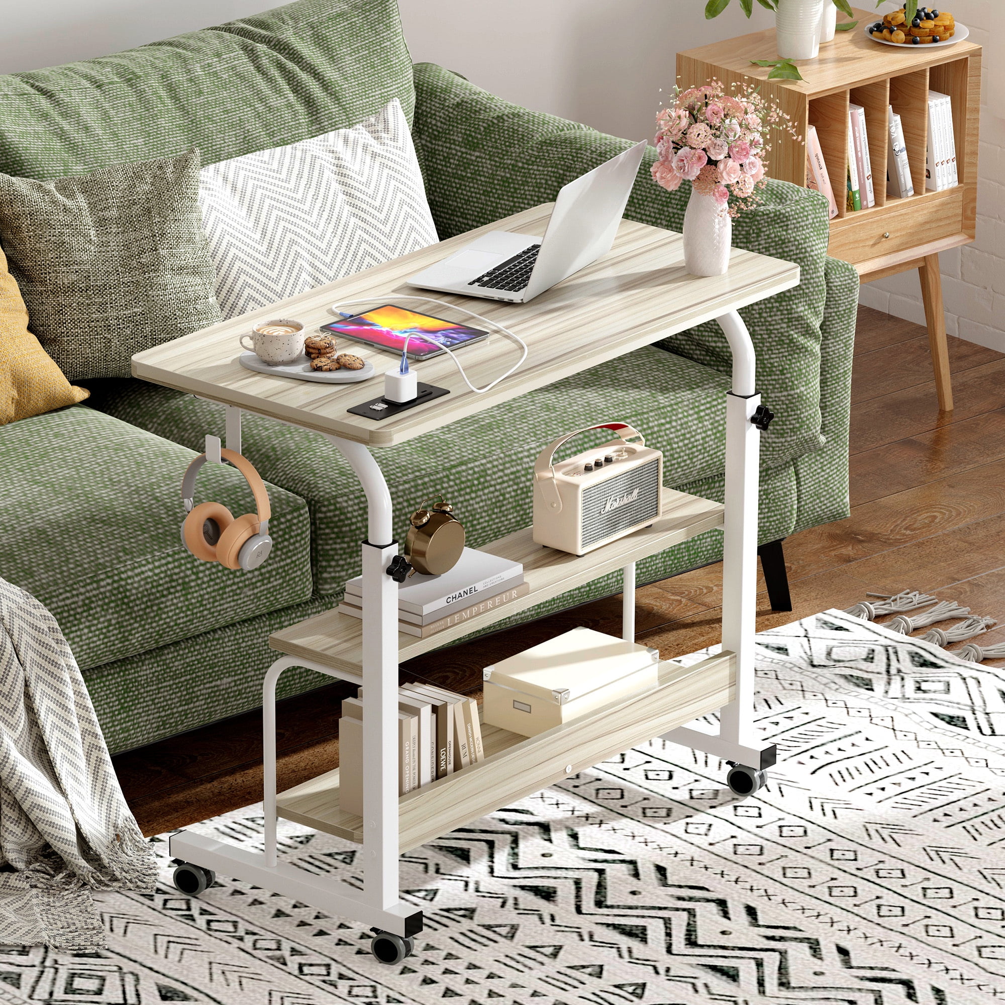 Soges 31.5" Height Adjustable Computer Desk with Charging Station, Adjustable Side Table Movable Laptop Desk with 2 Storage Shelves, Adjustable Desk on Wheels for Home Office, Sofa, Bed, Maple