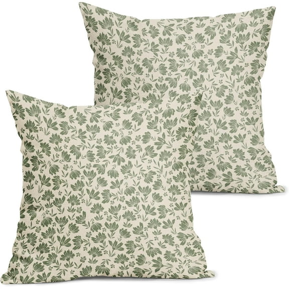 Daisy Floral Block Print Pillow Covers 20X20 Inch Sage Green Beige Flowers Decorative Square Pillow Cases Set of 2 Farmhouse Home Decor Vintage Rustic Cute Throw Pillows for Sofa Couch Outdoor