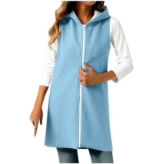 Wensltd Fashion Sleeveless Hooded Sweatshirt for Women Lightweight Mid-Length Solid Color Fleece Top