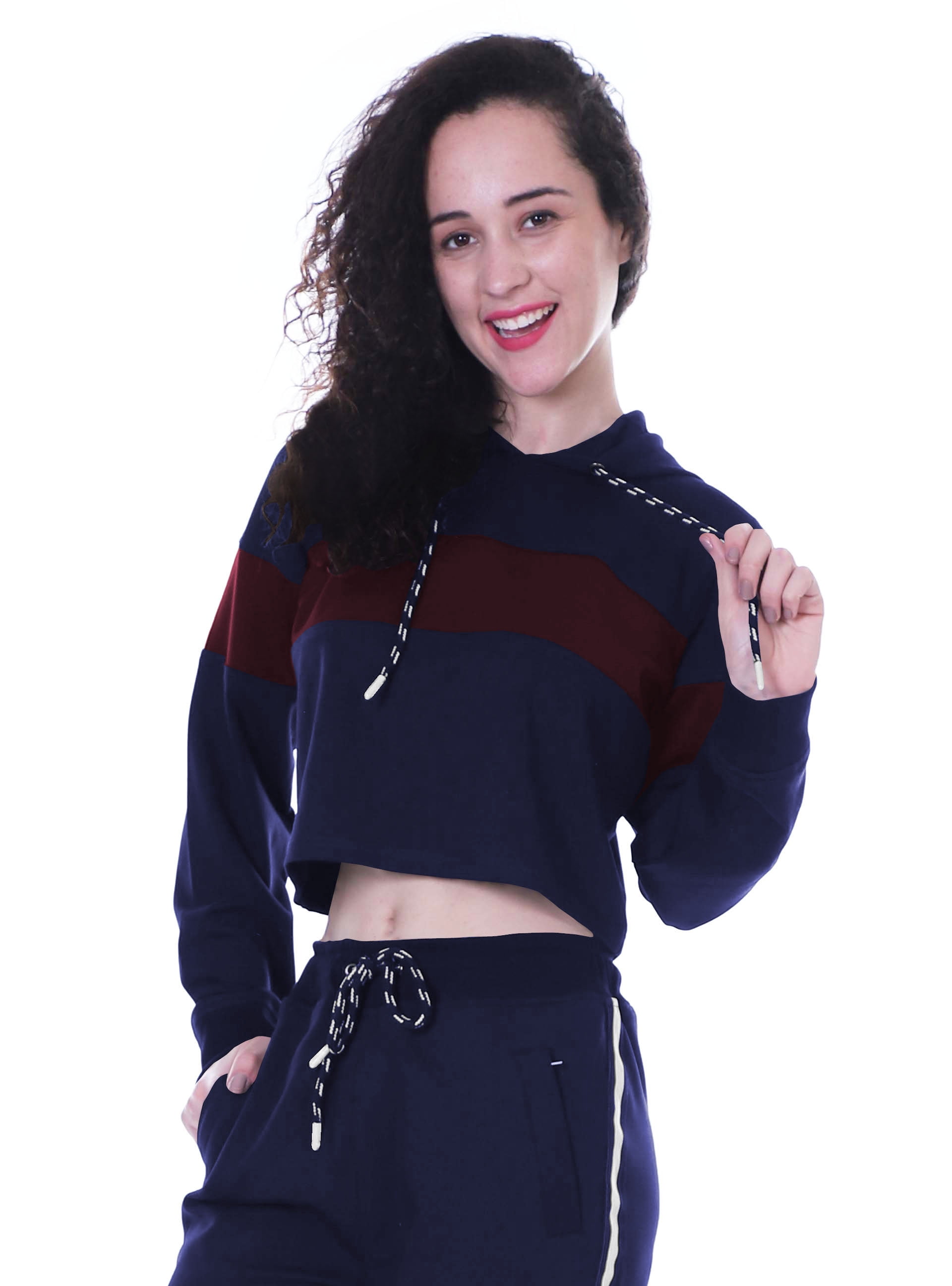 Moomaya Color Block Crop Hoodie Drawstring Pullover Casual Sports Jacket for Women-13, Women's, Size: Medium, Blue