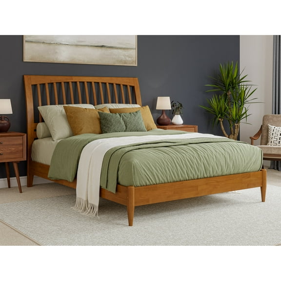 Modern Platform Bed - Solid Wood Sleigh Bed Frame - Low Profile Design - Light Toffee Finish