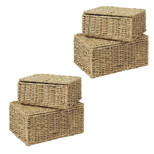 Rectangular Nesting Wicker Storage Boxes with Lids and Metal Steel