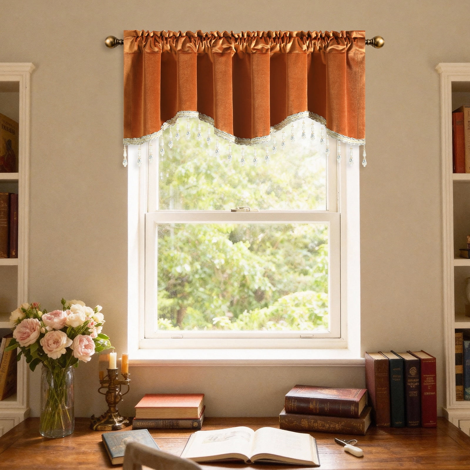 VOGOL Orange Velvet Scalloped Window Valance with Beaded Trim, Warm Curved Decorative Curtain Topper for Living Room Bedroom