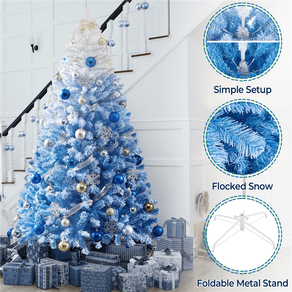 Renwick 7.5ft Flocked Artificial Christmas Tree with Foldable Stand, Lake Blue Gradient