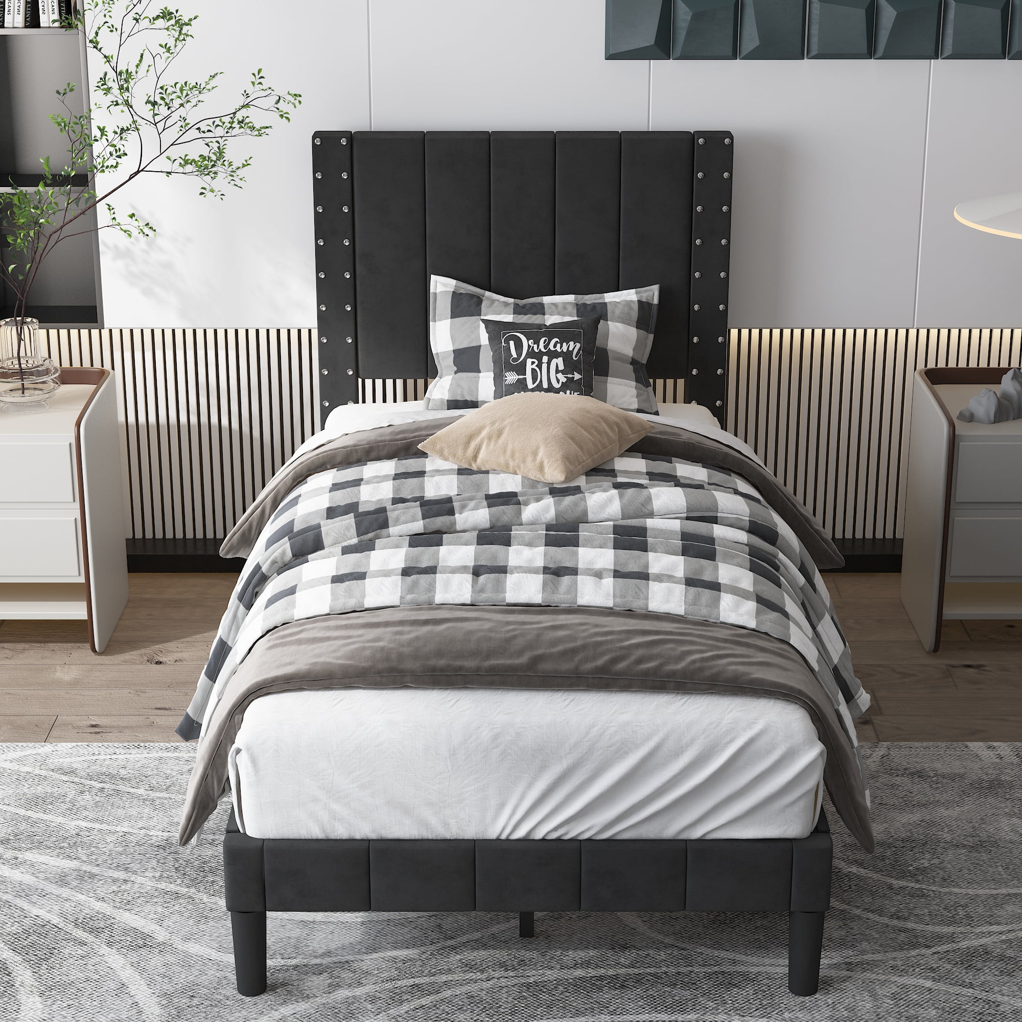 BTMWAY Twin Size Bed Frame, Upholstered Fabric Platform Bed with