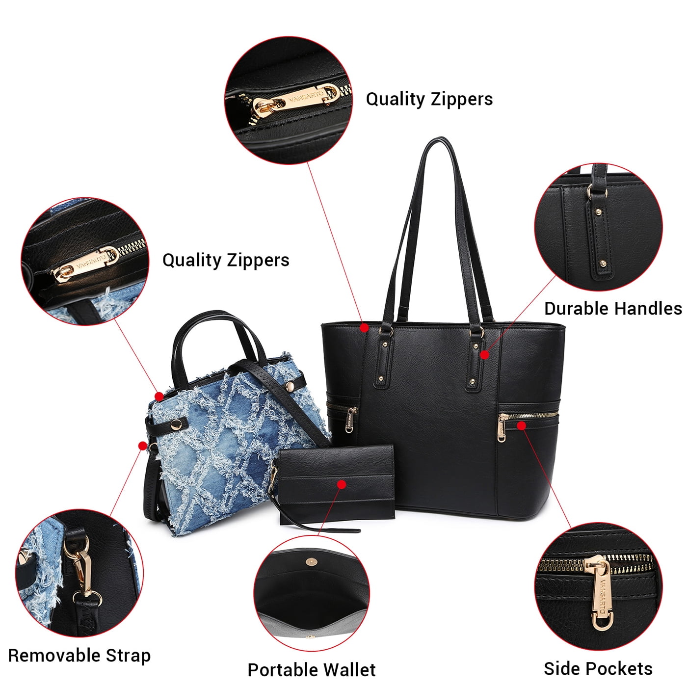 VANSARTO Women's Vegan Leather Leopard Tote Handbag, Black, 3-Piece
