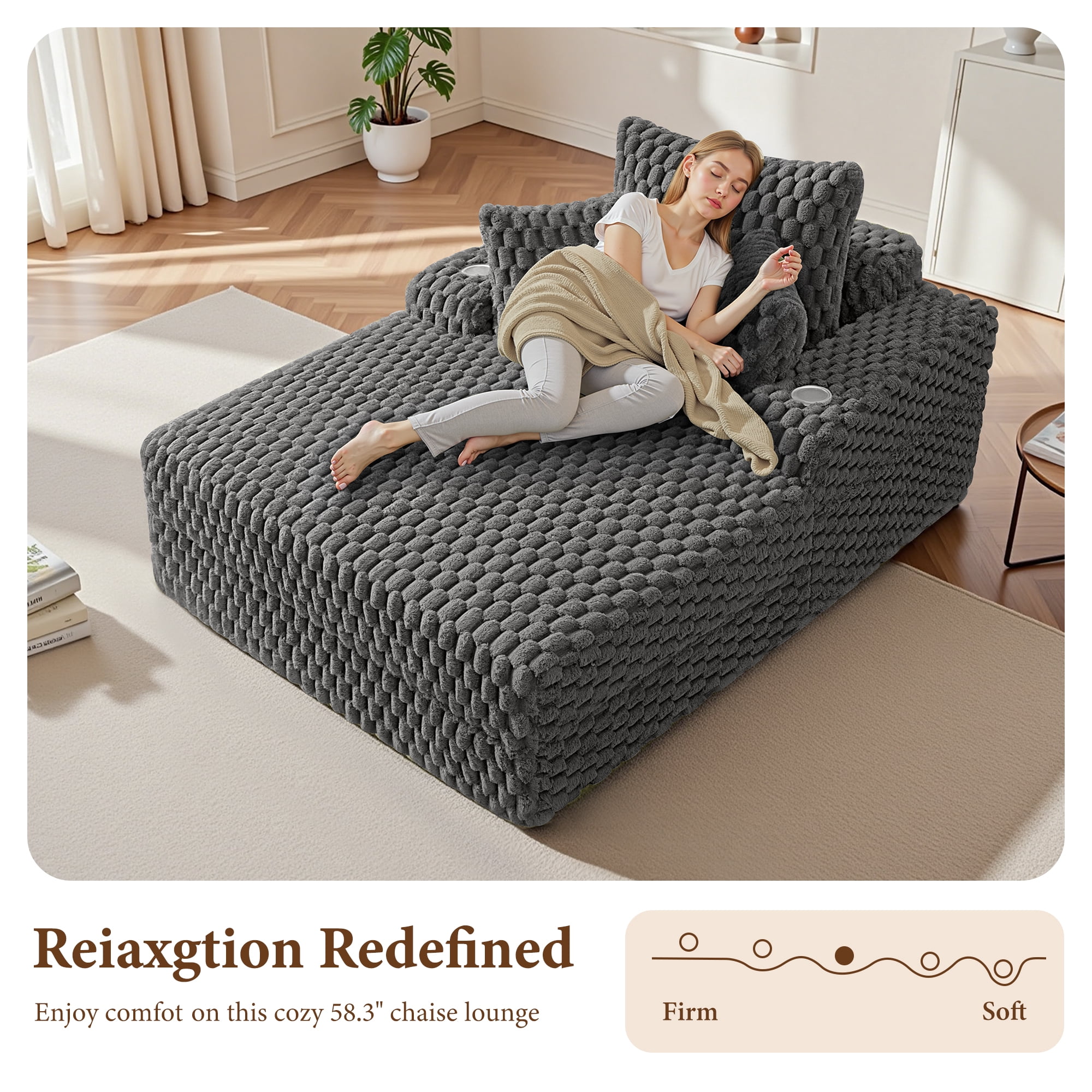 ATHOPE 67.3" Chaise Lounge Chair Indoor, Corduroy Couch Chair with Pillows, Comfy Reading Chairs with Wide Arms, Upholstered Sleeper Sofa for Living Room, No Assembly Required, Gray