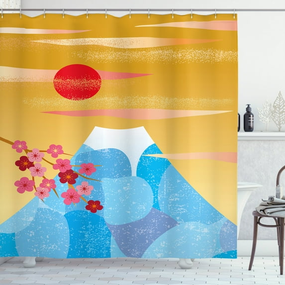 Fuji Shower Curtain, Vertical Illustration of High Cliff Silhouette with Flowers, Fabric Bathroom Set with Hooks, 69"WX70"L, Earth Yellow Dark Pink Sky Blue Coral, by Ambesonne