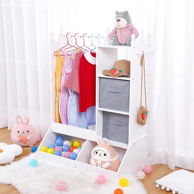 EDTara Garde-Robe pour Filles avec Miroir Éclairé et Support à Vêtements, Armoire de Rangement pour Jouets pour Enfants, Comprend des Étagères Ouvertes, des Bacs, des Crochets, Centre de Déguisement de Princesse Blanc pour Chambre, Salle de Jeux, Prématernelle