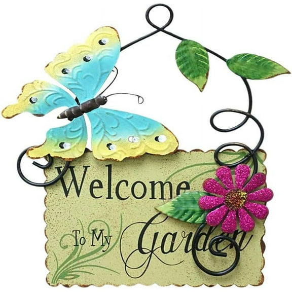 Metal Garden Welcome Sign with Butterfly Decor, Outdoor Hanging Welcome Sign for Garden Decoration Yard Decor