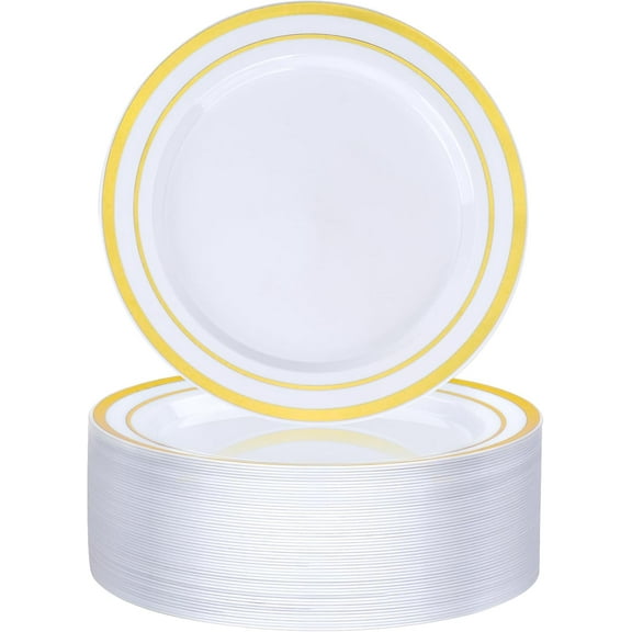 50PCS Gold Plastic Plate, 7 Inch Disposable Dessert Plate Party with Gold Rim, Heavy Duty Disposable Plastic Plates for Party, Wedding and Birthday