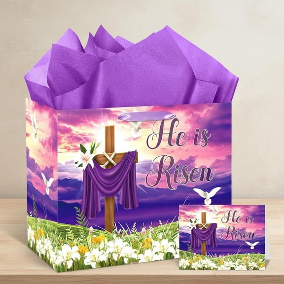 Easter Gift Bag Party Supplies He is Risen Gift Bag with Wrapping Paper and Card Religious Goodie Bags for Easter Egg Hunts Party Favor