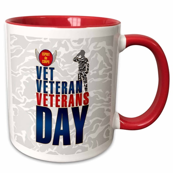 3drose, Veterans Day Marine Vet in Blue and Red with Soldier and Camouflage, 15oz Two-tone Red Mug