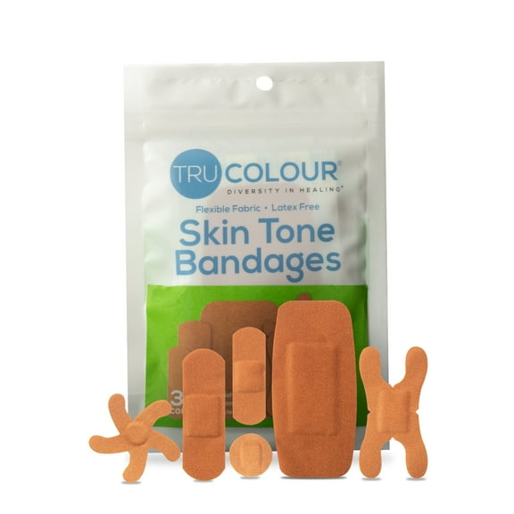 TruColour Skin Tone Bandages, Flexible Fabric, Assorted Shapes - Olive, 30 Count, 1 Pack