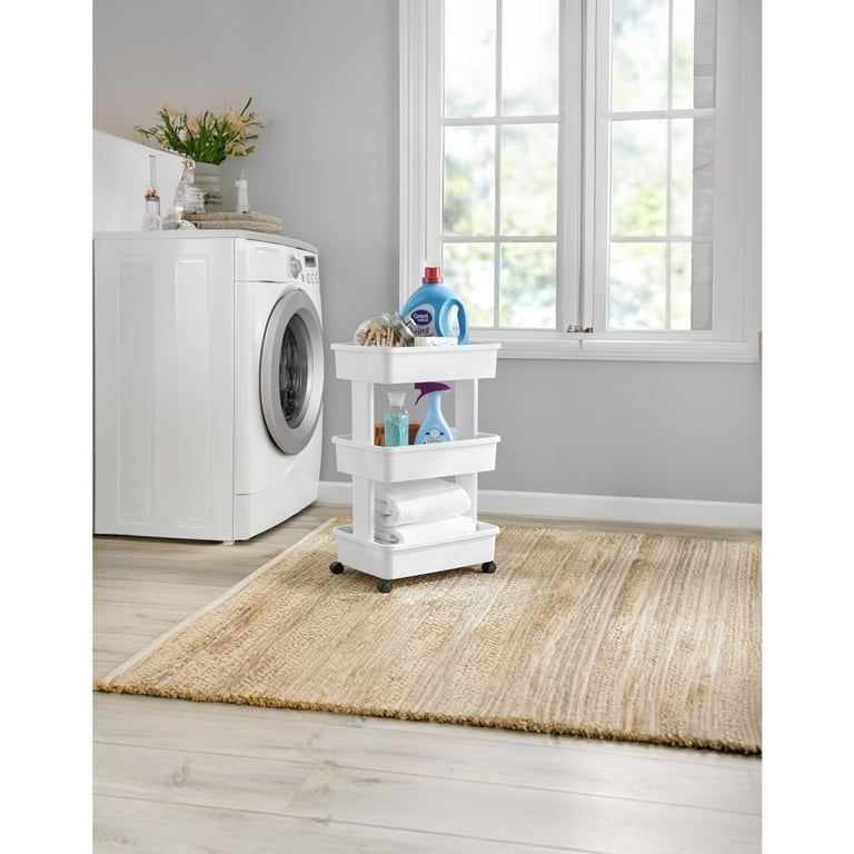 Mainstays 3-Tier Plastic Rolling Laundry Cart, Arctic White, 17.3W