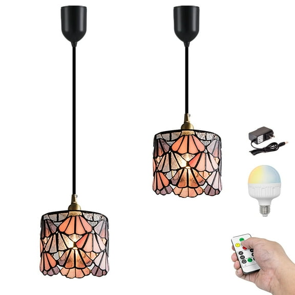 Kiven Battery Operated Pendant Light with Remote Control,Set of 2 Rechargeable Hanging Pendant Light Adjustable Height with Glass Lampshade for Bedroom Kitchen Bar Living Room,TB3237-E