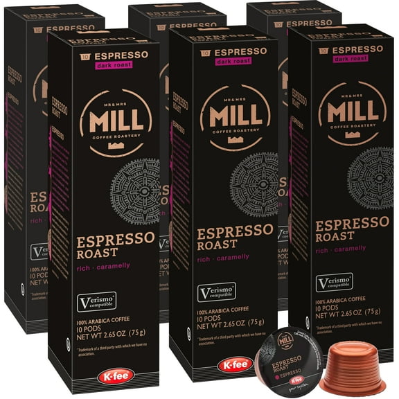 Mr and Mrs Mill Dark Roast Espresso K-fee® & Starbucks® Verismo* Compatible | 60 Count (6 boxes X 10 Pods) | Single Serve Espresso Pods