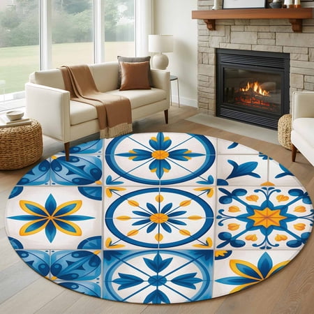 Blue Retro Boho Round Living Room Rugs 6 ft, Geometric Floral Traditional Spanish Style Washable Area Rug with Non-Slip Sturdy Edge Binding Round Carpet for Kitchen Office Bedroom