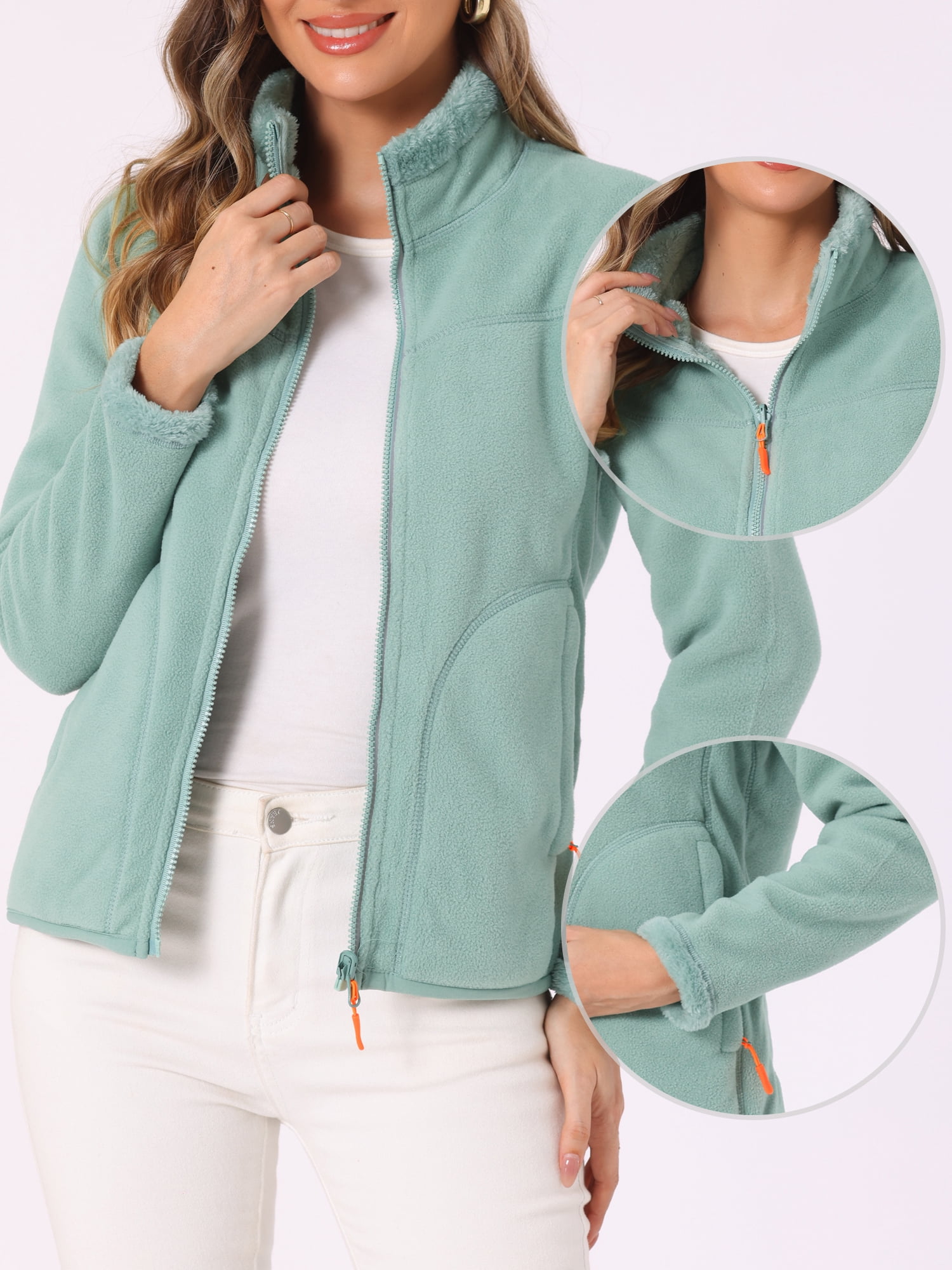 Unique Bargains Women's High Neck Full Zip Fleece Jacket Coat M Green