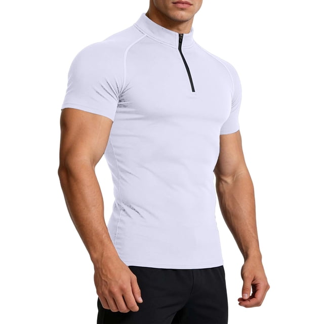 Ceisia Men's Stand Collar Half-Zip Quick Dry Fitness T-Shirt Slim Fit 4-Way Stretch Athletic Top for Summer White S Gifts