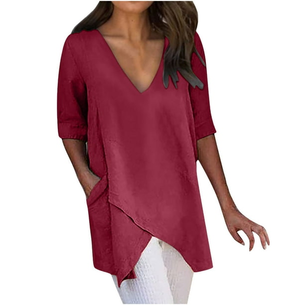 Blusa suelta de algodón con cuello en V y mangas cortas a la moda de verano para mujer OAVQHLG3B Store lin121212