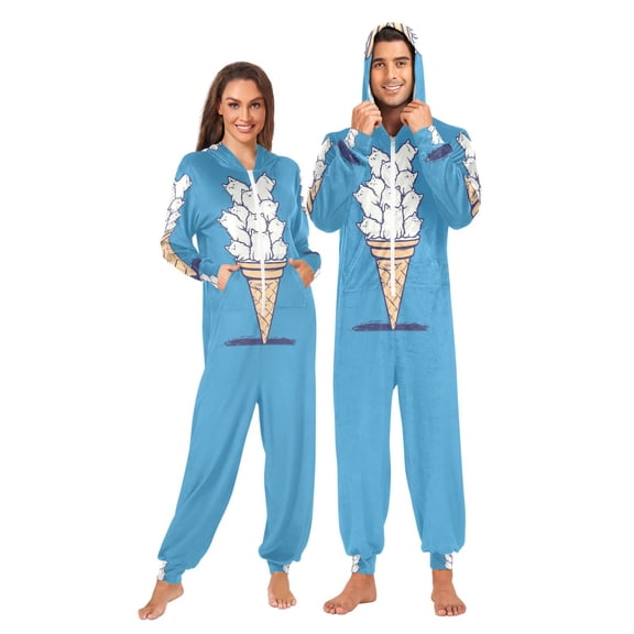 FORMRS Onesies Pajama for Adults Unisex Hoodie Winter Jumpsuit One Piece Sleepwear, Sizes S-2XL, Ice Cream Cat