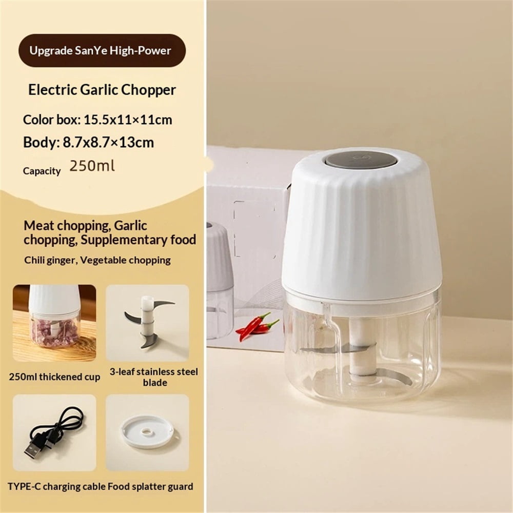250ML Electric Garlic Chopper, 3 Blades Garlic Grinder Mini Vegetable Chopper, USB Portable Veggie Chopper, Onion Mincer, Food Processor for Ginger, Chili, Fruit, Meat