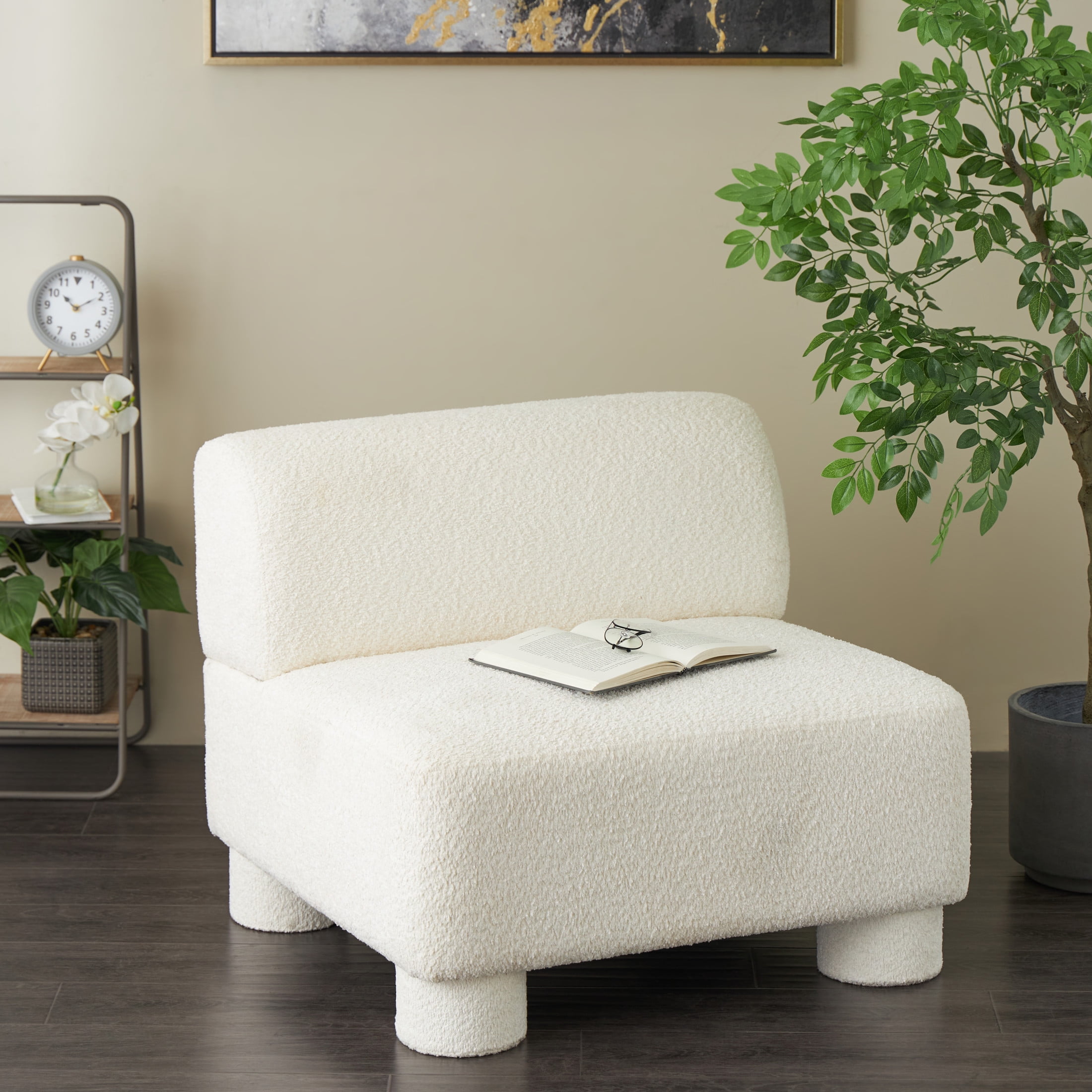 DecMode Polyester Square Boucle Lounge Chair, White