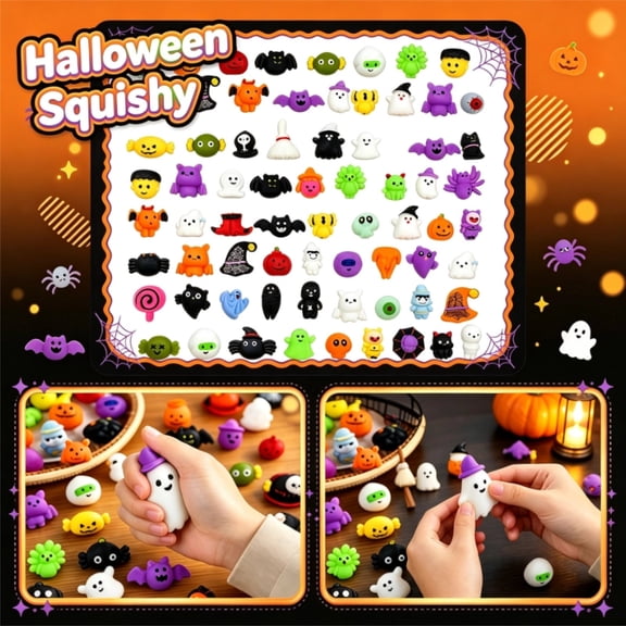 50 Pcs Halloween Mochi Squishy Toys Assorted Pack, Soft Kawaii Squeeze Squishy Toy Stress Reliever for Adults, Halloween Party Favors Decor Goodie Bag Fillers, Random Style