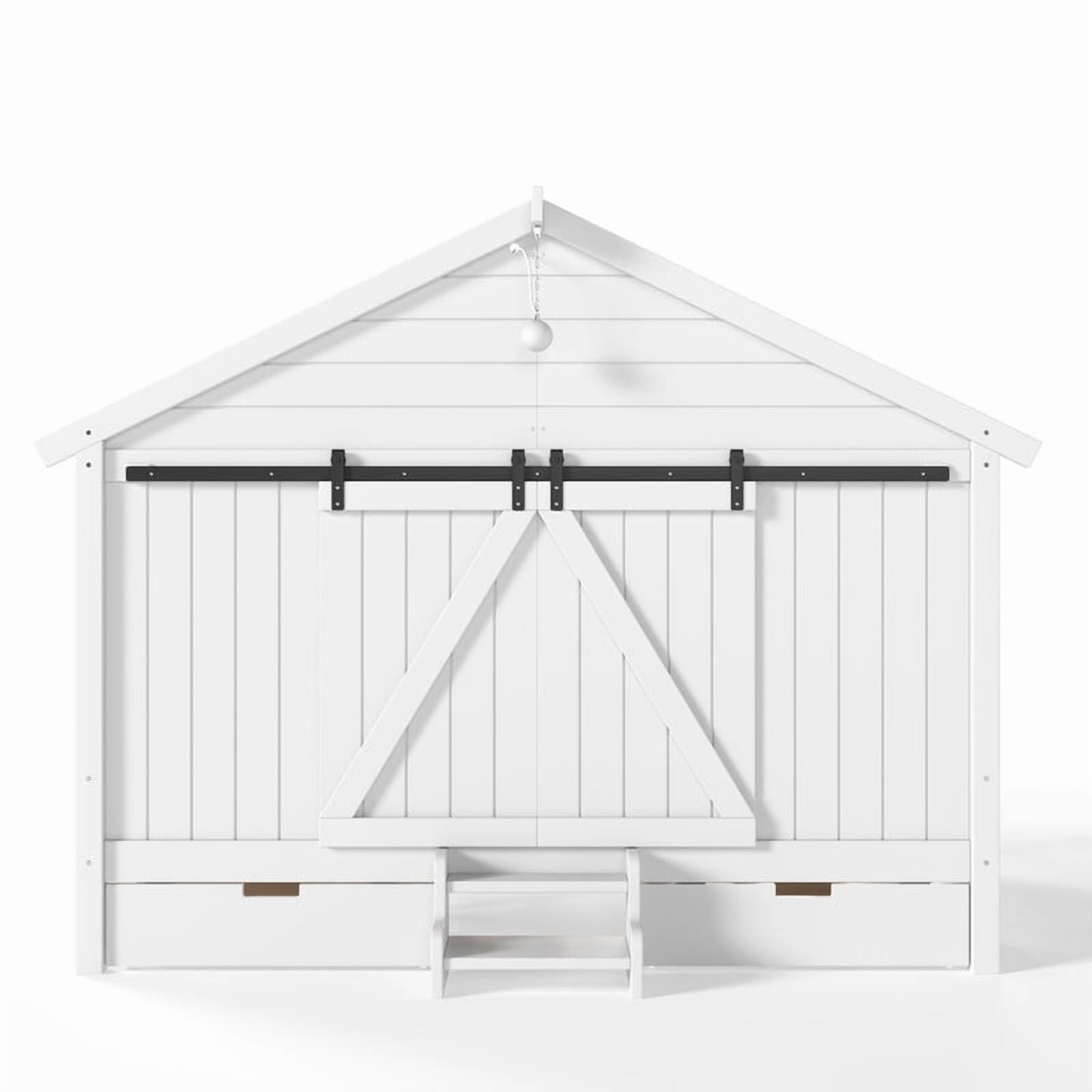 Full Size Farmhouse House Bed with Sliding Barn Doors & Light Bulb, Wood Kid's Platform Bed Frame with Stair & Drawers