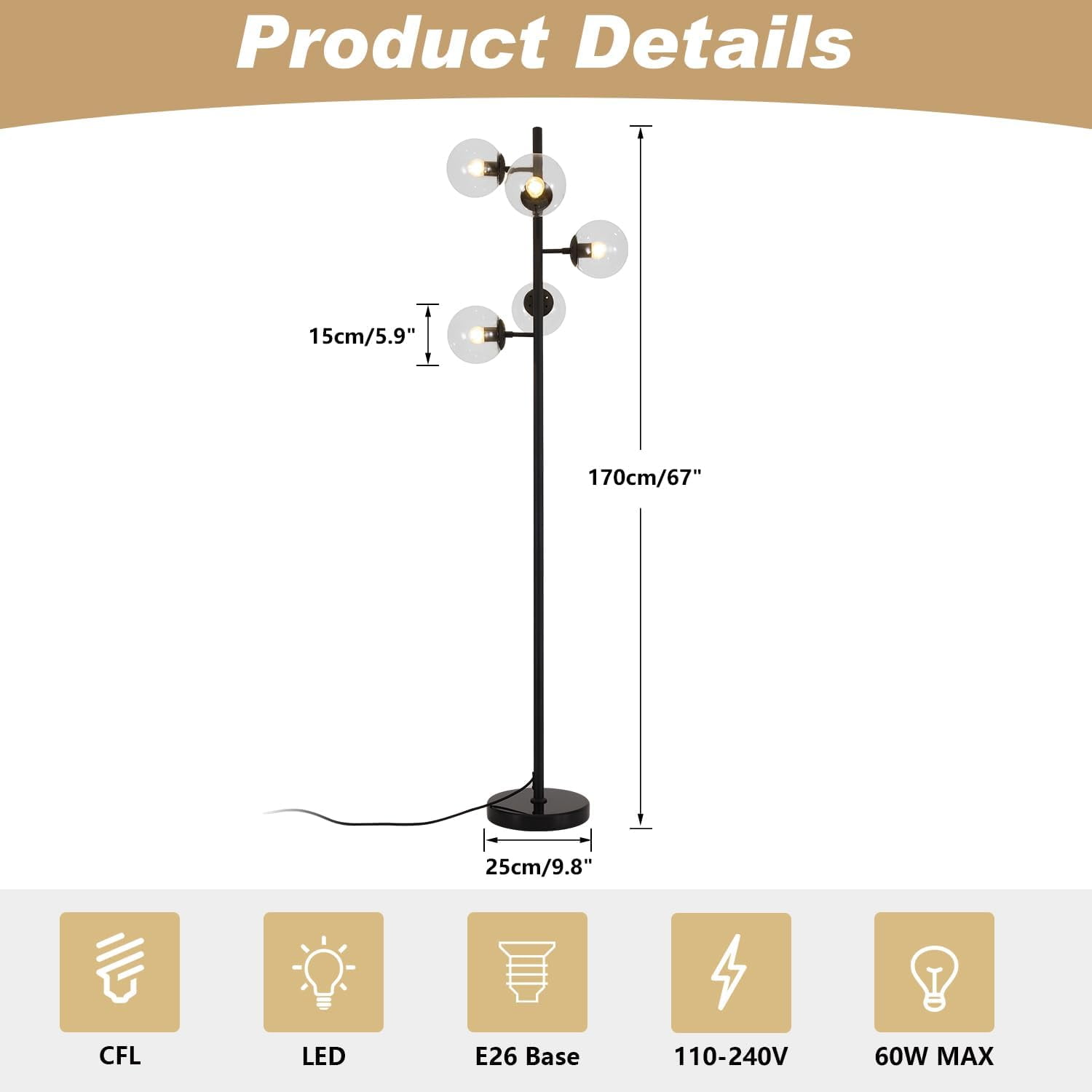 KCO Lighting 5 Light Globe Floor Lamp Black Tall Floor Lamp Mid Century Modern Standing Light Contemporary Standing Lighting