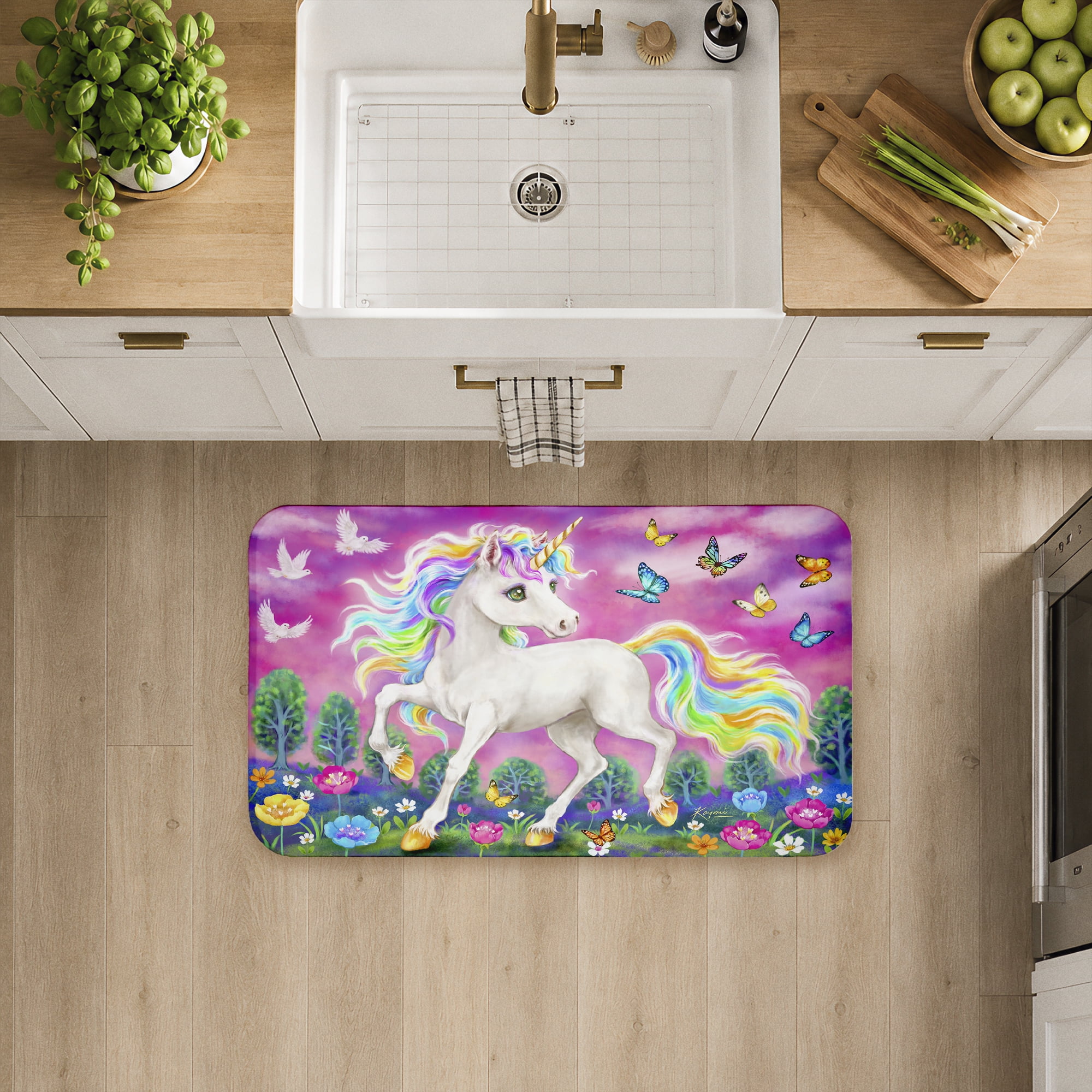 Stupell Industries Unicorn with Fluttering Butterflies Printed Anti-Fatigue Floor Mat, design by Kayomi Harai