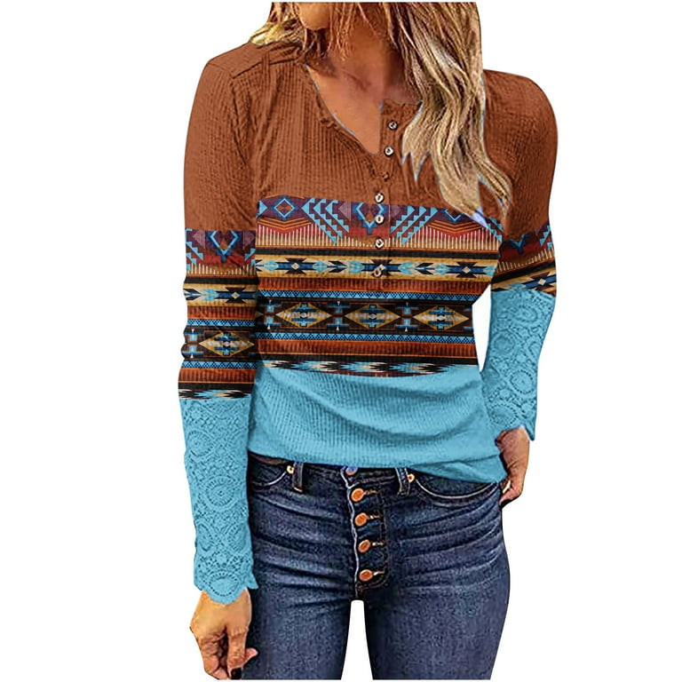 YWDJ Womens Tops Long Sleeve Casual Vintage Print with Cowl Neck Long  Sleeve Coffee L 