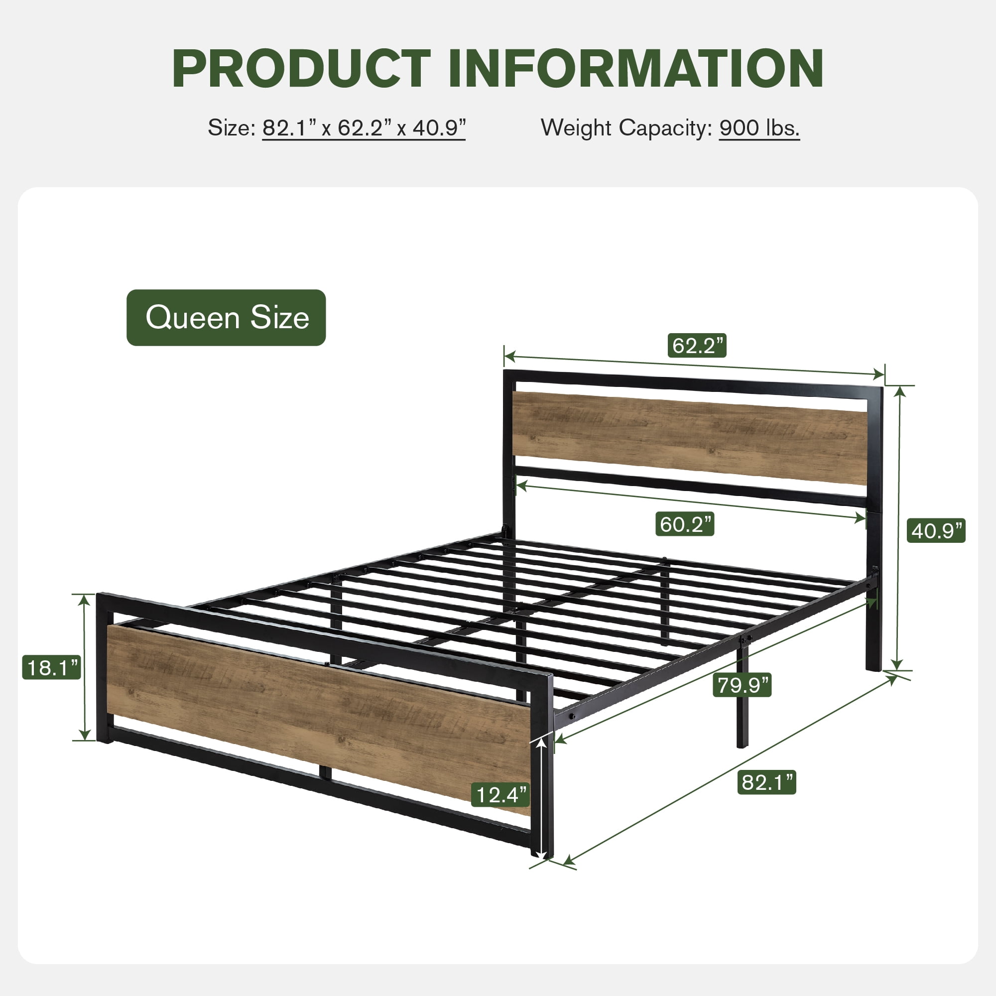 Einfach Queen Size Metal Platform Bed Frame with Wooden Headboard & Footboard, Brown